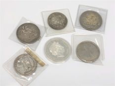 Six various coins including 1896 silver crown, Canadian dollar,