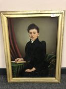 Early Twentieth Century School : Portrait of a Lady Wearing a Black Dress Holding a Book,