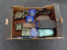 A box containing miscellaneous, to include cased binoculars, boxed Ringtons tea caddies, metalware,