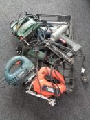 A box containing assorted power tools to include cased Bosch jigsaw, Bosch angle grinder,