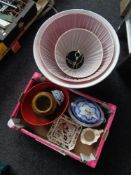 A box of assorted china with antique blue and white tureens, Kensington jug,