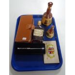 A tray containing leather cased card set, World War I postcard, boxed orchid letter opener,