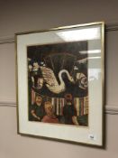 Continental school : a colour printed signed in pencil, dated 1923, figures by a carousel, framed.