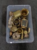 A box containing antique brass carriage lamp, brass mortars,