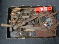 A box of vintage hand tools, Record plane, chisel,