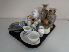 A tray containing assorted china to include a Masons cruet set, Japanese pottery vases,