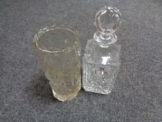 A Whitefriars style clear glass vase and a decanter (2)