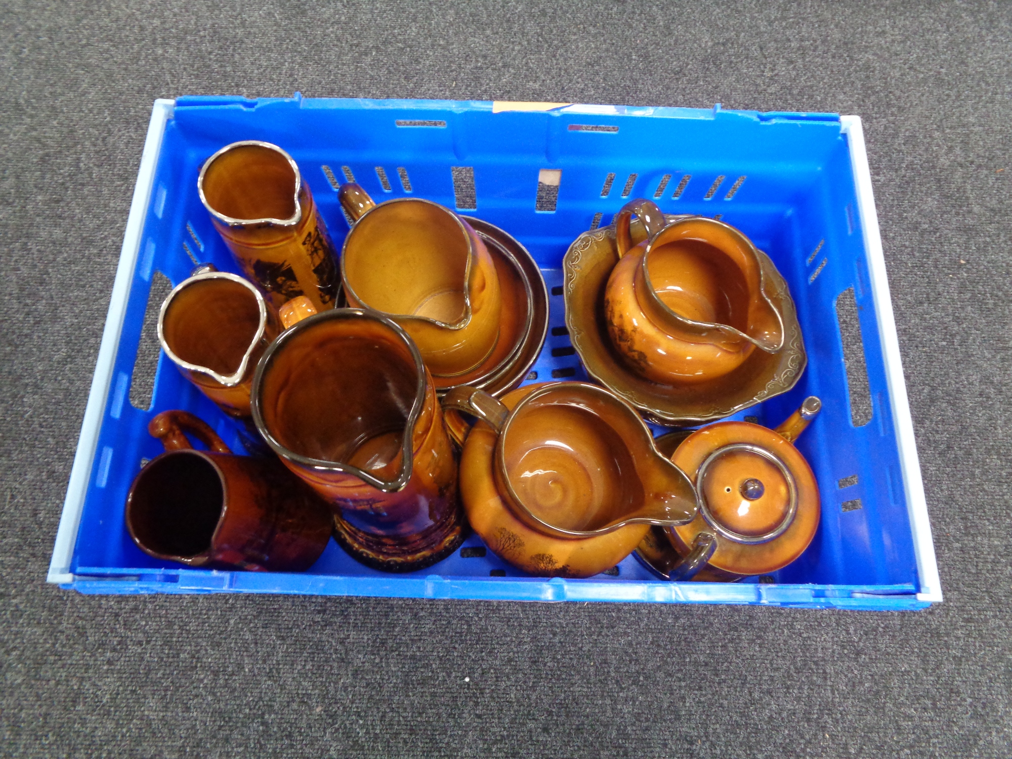 A crate containing Ridgways 'Coaching days and coaching ways', jugs, bowls,