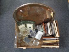 A box of assorted picture frames, Eastern copper plated charger,