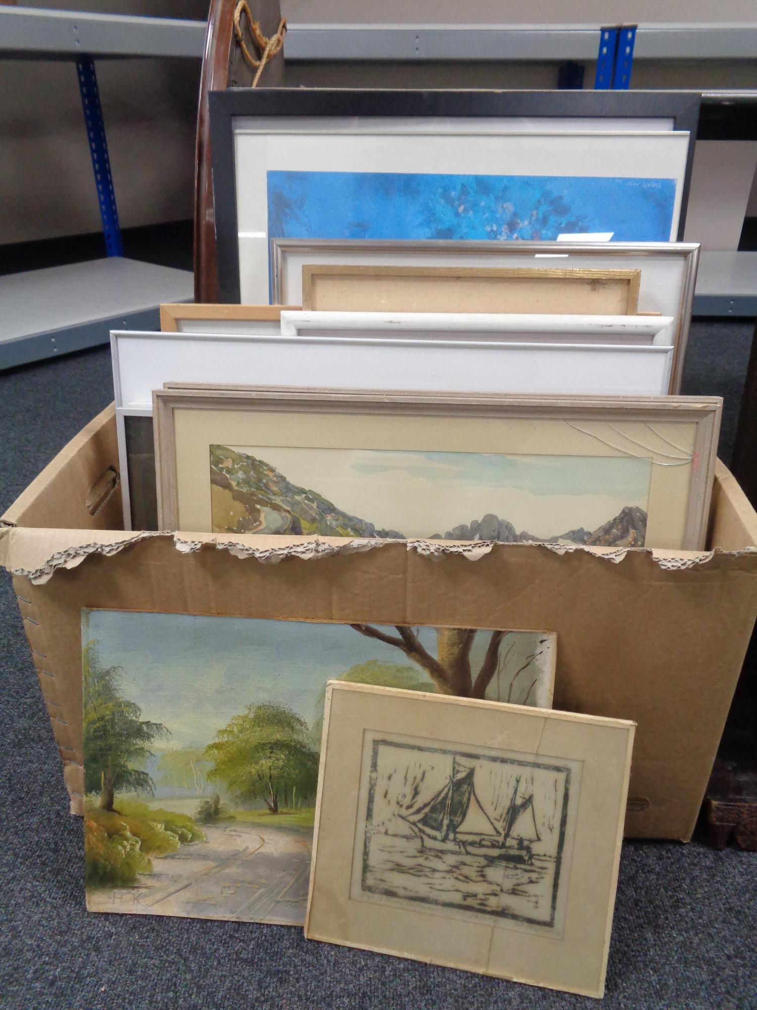 A box containing continental school pictures and prints, framed watercolours, landscape scenes,