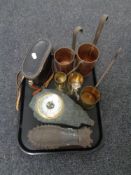 A tray containing 5 graduated copper measures, leather cased Tecnar 8x30 field glasses,