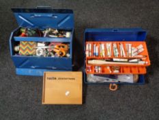 A metal concertina tool box together with a further plastic box containing art supplies and sewing