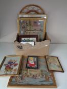 A box containing assorted pictures and prints to include gilt framed needleworks, Venetian scenes,