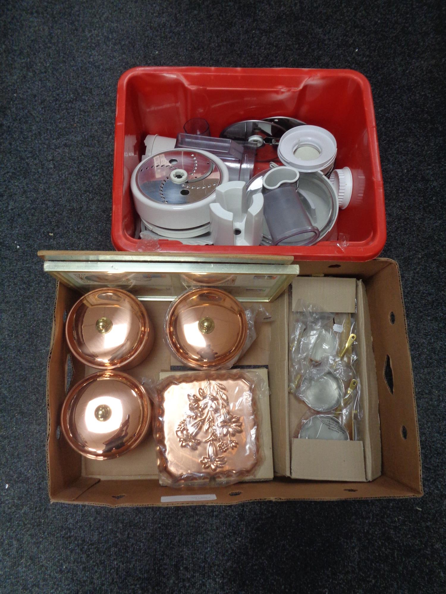 Two boxes of modern copper moulds, kitchen storage jars, miniature pans, framed marquetry panel,