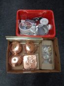Two boxes of modern copper moulds, kitchen storage jars, miniature pans, framed marquetry panel,