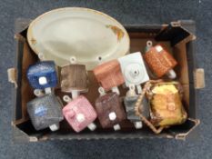 A box containing miscellaneous china to include cottage ware, lidded biscuit barrel, teapots,