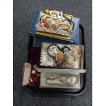 A tray containing costume jewellery, including beaded neck;aces, bracelets, simulated pearls,