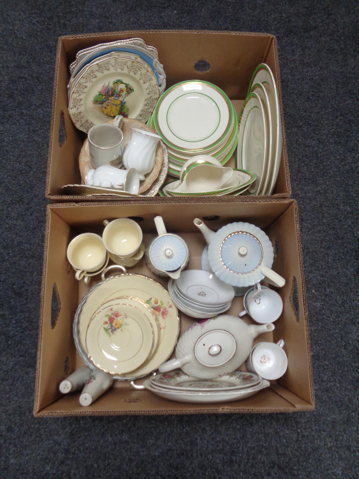 Two boxes containing 20th century china to include Staffordshire pottery tea china,