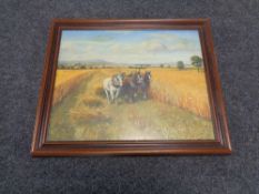 A framed oil, three horses pulling a plough,