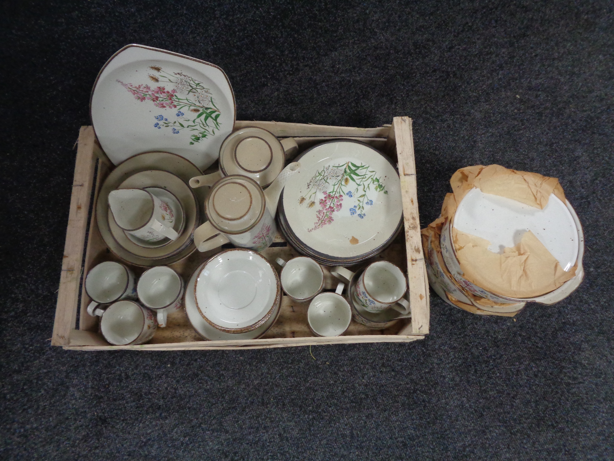 Two boxes containing assorted glassware and J&G Meakin oven to table ware dinner set