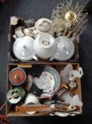 Three boxes containing miscellaneous china, table lamps, ornaments,