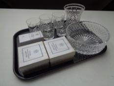 A tray containing Stewart crystal to include whiskey glasses, bowl and vase, boxed perfume bottle,