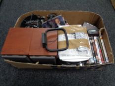 A box containing Sony micro Hi-Fi system and speakers, headphones, digital alarm clock,