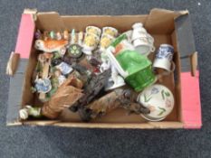 A box containing miscellaneous china to include Mate of American figurines, character jug,