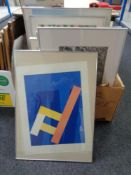 A box of twelve contemporary framed pictures and prints,