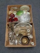 Two boxes containing assorted 20th century glassware, plated trays, pair of brass embossed plaques,