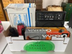 A box containing miscellaneous electricals to include a sound mixer transfer unit,