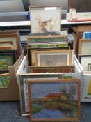 A box of continental school pictures and prints, oils on canvas, signed prints,