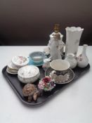 A tray containing assorted china to include Nao figure of a girl 'Aynsley', table lamp and vase,