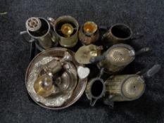 A tray of twentieth century plated wares, tankards, tea service,