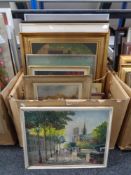 A box of continental school pictures and prints, oil on canvas Parisian street scene,