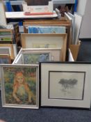 A box of continental framed and unframed pictures and prints, oil on canvas,