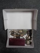 A box of assorted silver and plated wares including pierced silver bowl,