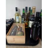 A tray containing a Croft port and Baileys gift set in wooden crate together with 7 further bottles