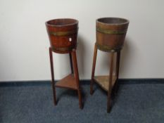 A pair of coopered barrel plant stands