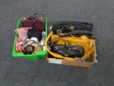 Two boxes containing assorted ladies leather handbags and compacts,