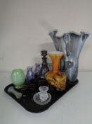 A tray containing assorted glassware to include an antique liqueur decanter with glasses, vases,