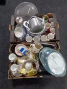 Two boxes containing miscellany to include food steamer, stainless steel kettle, mugs,