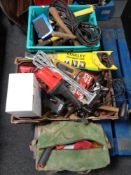 Two boxes and a bag containing assorted hand tools, sight lamp, router,