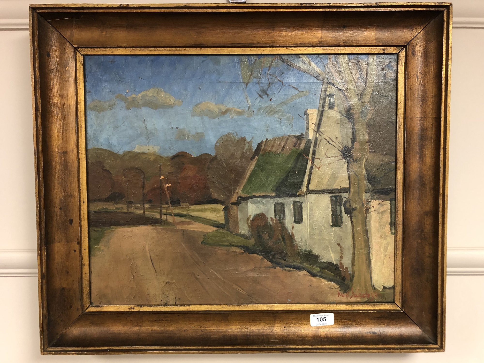 Continental school : oil on canvas, a cottage by a lane, indistinctly signed, framed.