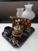 A tray containing early twentieth century brass oil lamp with chimney and shade together with