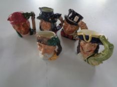 Five small Royal Doulton character jugs to include the Lumberjack, Captain Hook, Mad Hatter, etc.