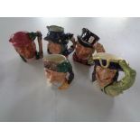 Five small Royal Doulton character jugs to include the Lumberjack, Captain Hook, Mad Hatter, etc.
