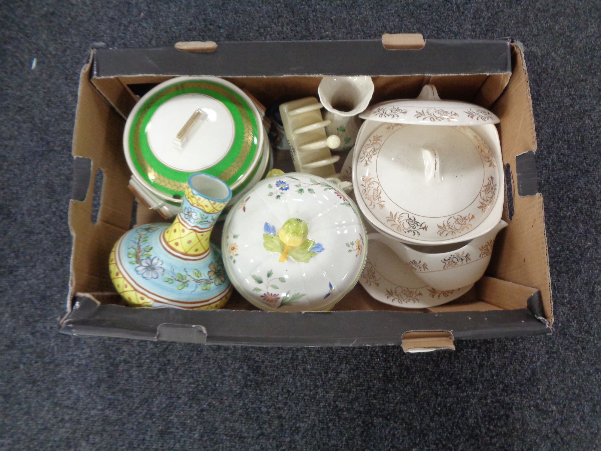A box containing miscellaneous china, to include antique terrines, a Belleek vase,