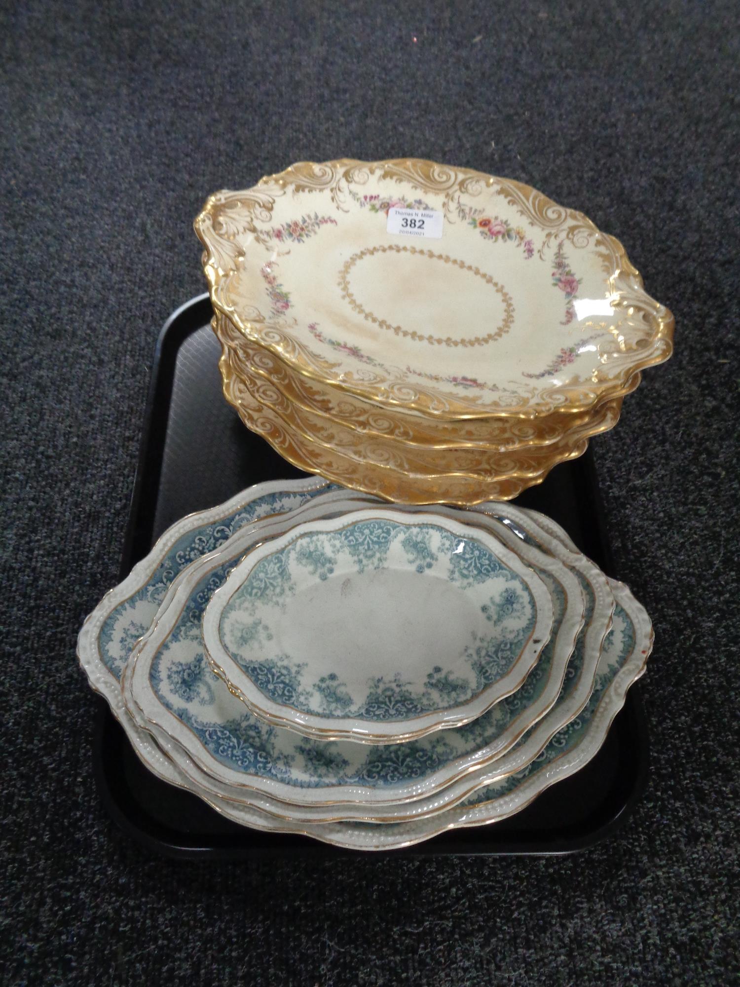 A tray of five 19th century Burlsem graduated dishes and four further antique gilded comport dishes