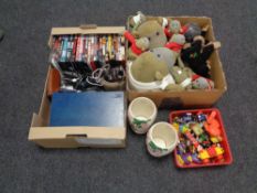 Two boxes containing a pair of Maling lustre vases, PG tips monkey soft toys, DVDs,